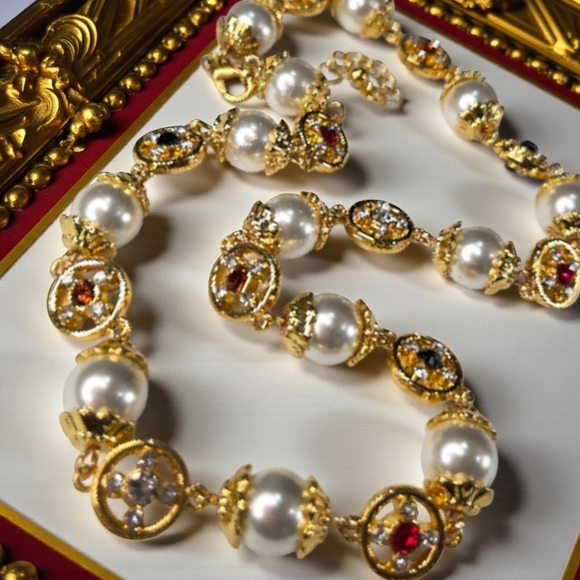 Royal Regal Pearl & Ruby Emerald Crystal Cross Necklace - Picture 2 of 4